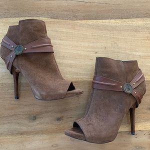 Open toe brown suede stilletto bootie